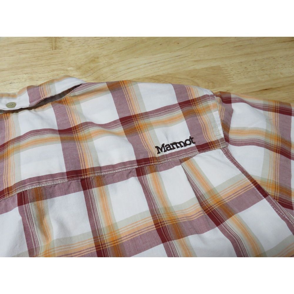 Mens Marmot Short Sleeve Button Front Shirt Size L Orange Red White Plaid Hiking - Picture 6 of 8